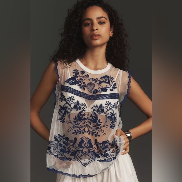 Anthropologie Tops - NWT By Anthropologie Embroidered Ruffle Muscle Tee